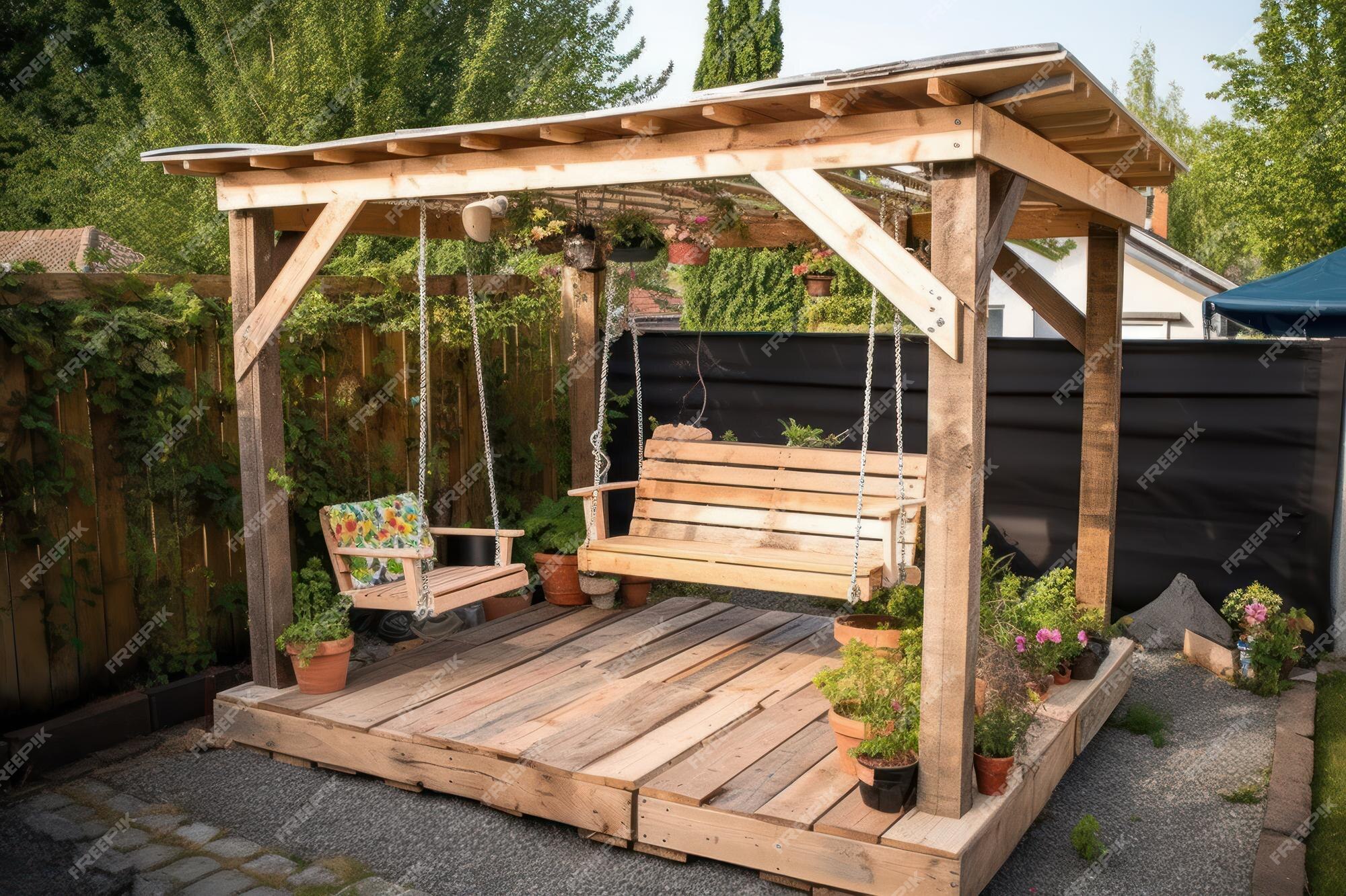 Balançoire En Bois Dans L'arrière-cour D'une Maison De Campagne Avec Des  Pots De Fleurs Generative Ai