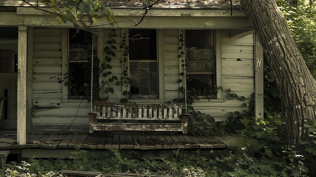 Photo une balançoire en bois est suspendue au plafond d'une maison oubliée, la maison est couverte de vignes et le porche est couvert de mauvaises herbes.