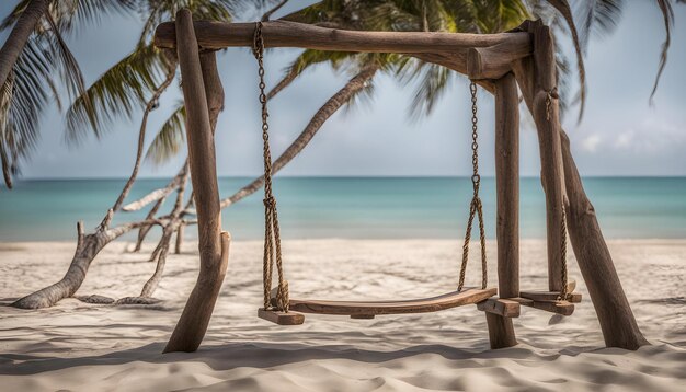 une balançoire en bois sur une plage avec des palmiers en arrière-plan