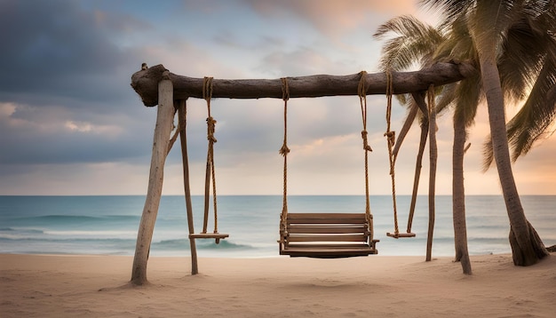 une balançoire en bois qui est sur la plage