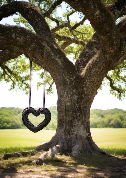 Photo une balançoire en forme de cœur d'un arbre