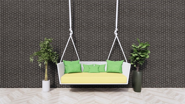 balançoire pour se détendre avec mur de briques noires et parquet et plantes, design extérieur 3d