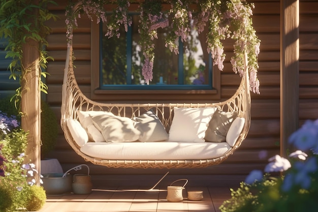 Une balançoire tranquille sur le pont du jardin ornée d'accents confortables