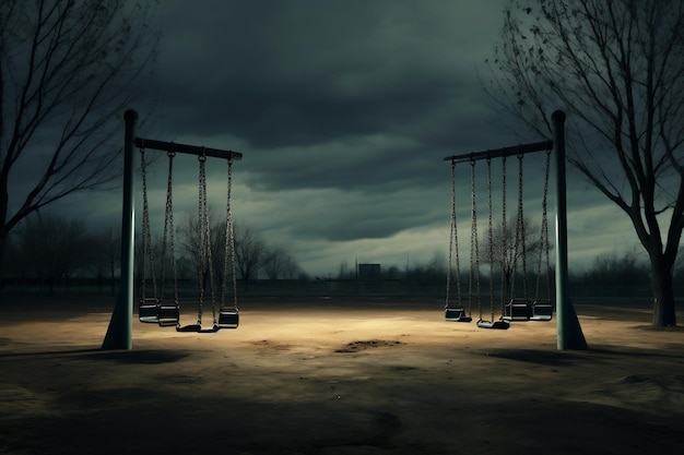 Balançoires vides dans un parc désolé contre un ciel sombre IA générative