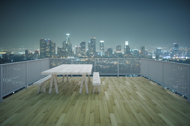 Balcon en bois vue nocturne sur la ville