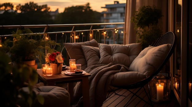 Un balcon avec des bougies et une table