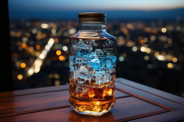 Balcon de bouteille de soda en verre avec vue panoramique sur la ville la nuit IA générative