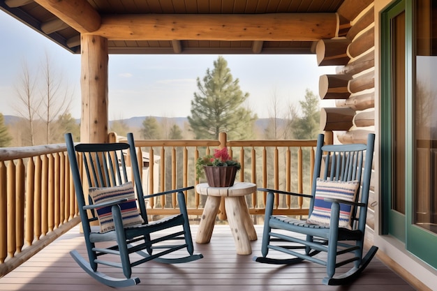 Balcon de cabane en rondins avec chaises à bascule et table en bois