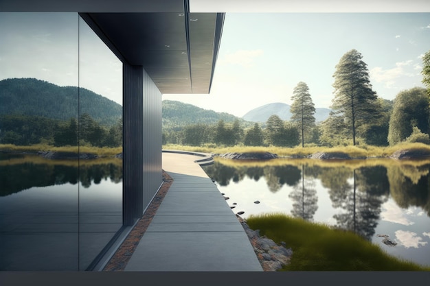 Balcon de la conception extérieure d'un bâtiment moderne dans un paysage de lac et de montagne