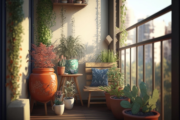 Balcon confortable avec plantes et poterie en céramique pour une touche naturelle