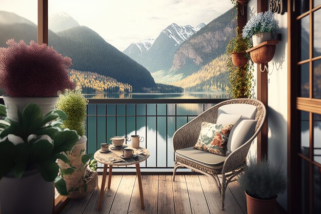 Balcon confortable avec vue sur le lac des montagnes ou le paysage urbain