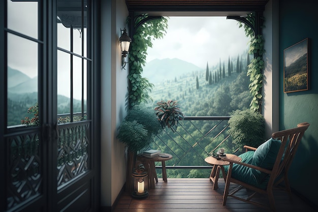 Balcon confortable avec vue sur un paysage verdoyant et luxuriant