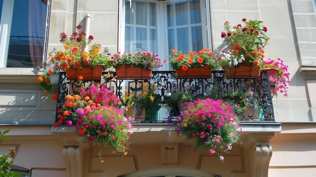 Un balcon décoré de fleurs