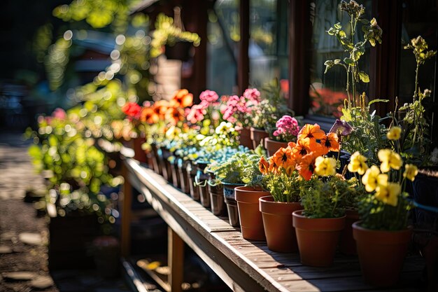 Balcon fleuri avec banc de jardin et serre IA générative