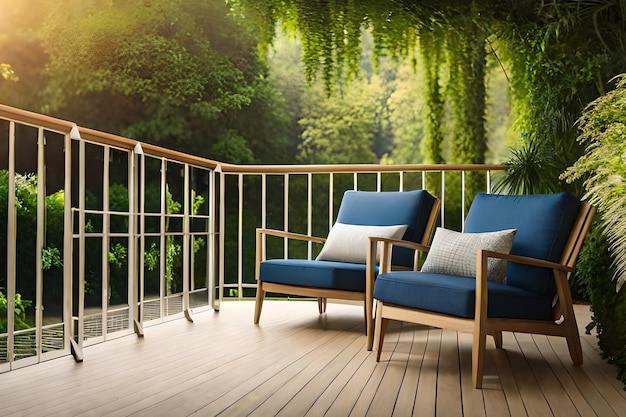 Un balcon avec une fresque d'arbre vert sur le mur