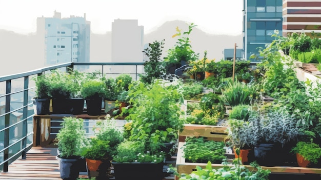 Un balcon ou un jardin sur le toit avec des plantes en pot générées par l'IA