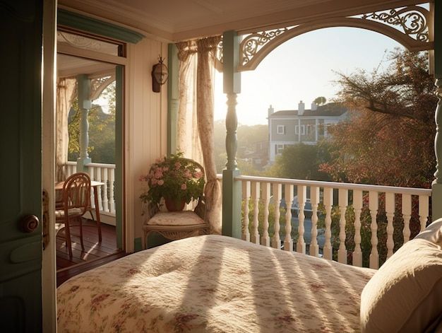 Un balcon avec un lit et une chaise dessus