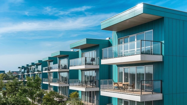 Photo balcon d'une nouvelle maison résidentielle moderne en turquoise à plusieurs étages dans un quartier résidentiel sur sunn