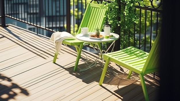 Sur le balcon ouvert ensoleillé, il y a des tables de loisirs, des chaises et du vert génératif Ai.