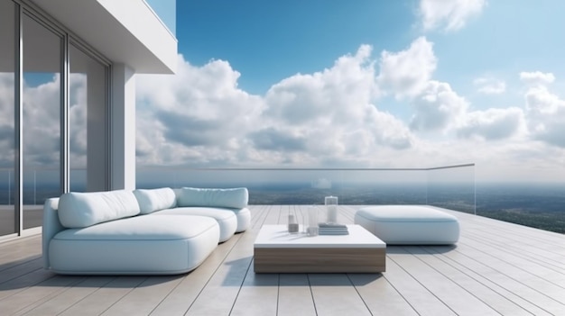 Le balcon ouvert il y a un tabouret de canapé et une table à thé avec un ciel bleu et des nuages blancs à l'extérieur