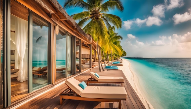 un balcon avec des palmiers et une vue sur l'océan