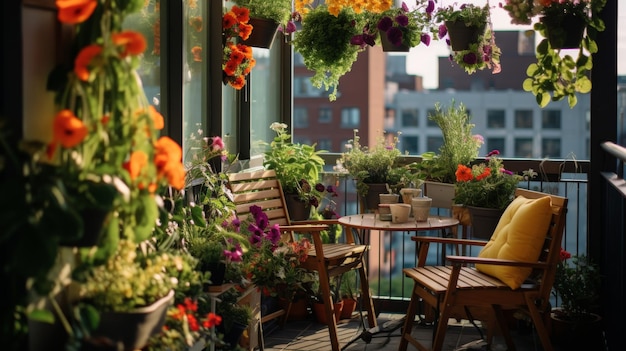 Un balcon avec des plantes en pot et des chaises