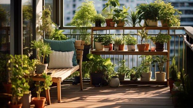 Balcon avec des plantes en pot et une table