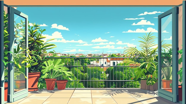 Balcon avec des plantes vertes vue depuis le balcon