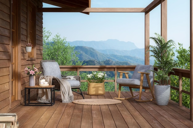 Balcon relaxant d'une maison en bois avec un rendu 3D de montagne