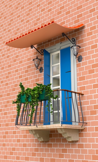 Balcon rétro avec fleurs et volets bleu clair. illustration 3D