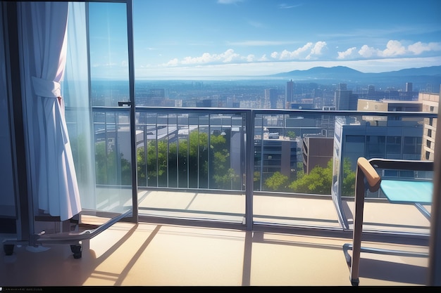 Un balcon avec un rideau dessus et une fenêtre avec vue sur la ville en arrière-plan.