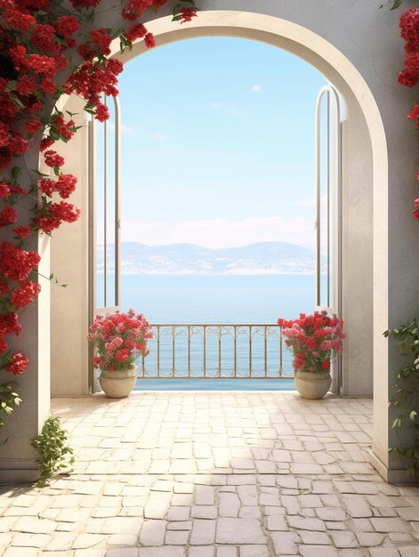 Photo un balcon avec des roses rouges et une vue sur la mer.