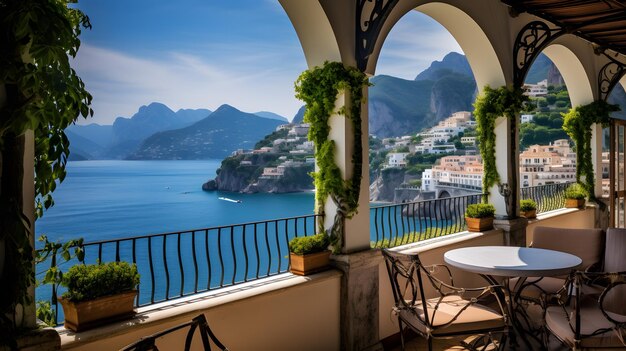 Balcon serein avec vue sur l'océan avec chaises de table et girafe Un chef-d'œuvre d'IA générative