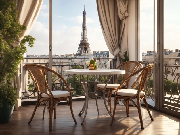 Balcon avec table et chaises donnant sur la tour Eiffel