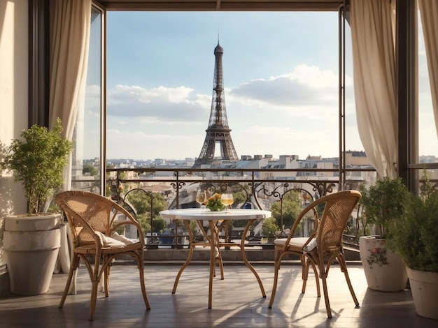 Balcon avec table et chaises donnant sur la tour Eiffel