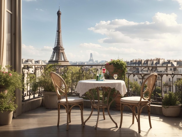 Balcon avec table et chaises donnant sur la tour Eiffel