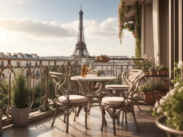 Balcon avec table et chaises donnant sur la tour Eiffel