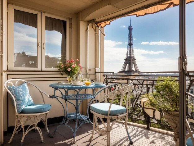 Balcon avec table et chaises donnant sur la tour Eiffel