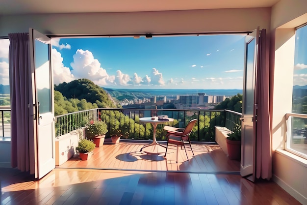 Un balcon avec une table et des chaises et une vue sur l'océan.