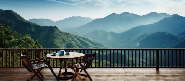 Balcon-terrasse pittoresque en montagne avec sièges extérieurs