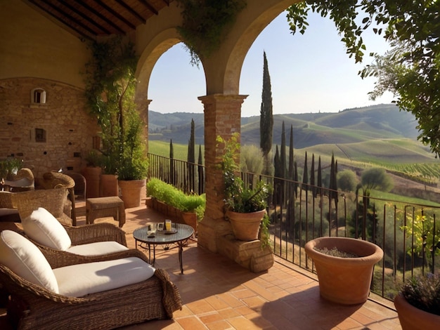 un balcon de la villa toscane avec vue sur une vallée et des montagnes