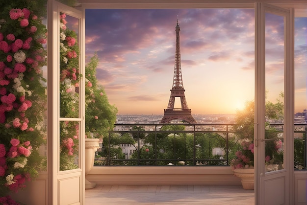 un balcon avec vue sur le coucher de soleil et une tour