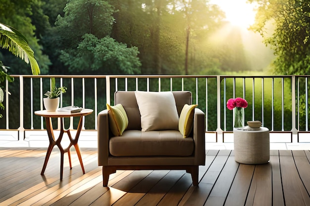 Un balcon avec vue sur le fleuve et une chaise