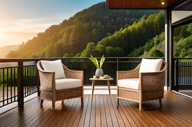 Un balcon avec vue sur une montagne et des arbres