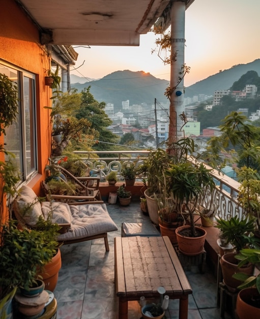 Un balcon avec vue sur une montagne et une chaise