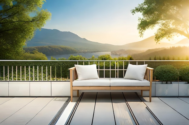 Un balcon avec vue sur une montagne et un coucher de soleil