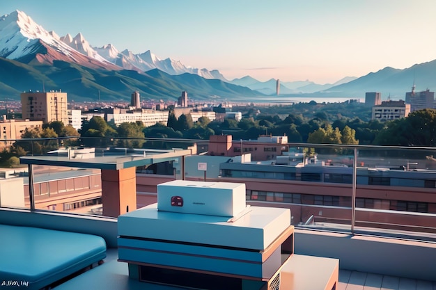 Un balcon avec vue sur les montagnes en arrière-plan