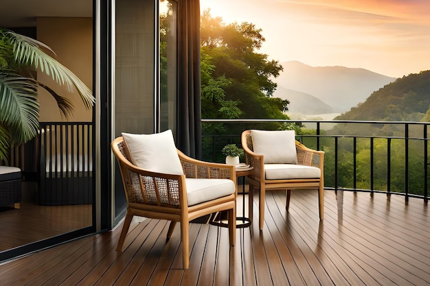 Un balcon avec vue sur les montagnes et le soleil