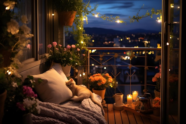 Balcon avec vue nocturne avec un adorable chat dormant paisiblement