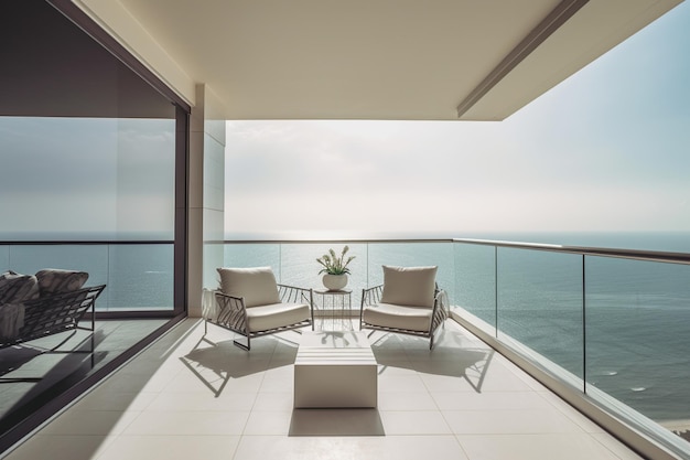 Un balcon avec vue sur l'océan et deux chaises